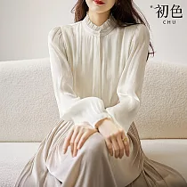 【初色】純色簡約休閒流光百搭荷葉領長袖襯衫上衣女上衣─共2色─32660(M─XL可選) L 白色