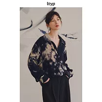 ltyp旅途原品 墨上花開真絲手工拔染襯衫 休閒文藝廓形襯衣女春季 ML M 藍杏色