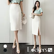 【Lockers 木櫃】春夏高腰A字直筒西裝中長裙 L113031501 M 米杏色M