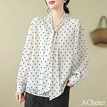 【ACheter】 波點大碼襯衫溫柔風蝴蝶結系帶泡泡長袖氣質短版上衣# 121234 L 白色