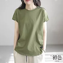 【初色】休閒百搭純色拼接寬鬆圓領短袖T恤上衣─共5色─69360(M─2XL可選) 2XL 軍綠色