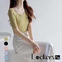 【Lockers 木櫃】法式短袖冰絲夏季V領針織衫 L113041602 XL 水仙黃XL