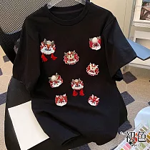 【初色】卡通立體印花短袖T恤上衣─黑色─33117(M─2XL可選) 2XL 黑色