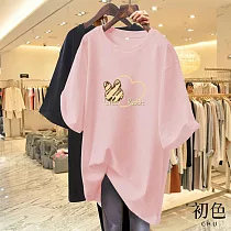 【初色】中大碼寬鬆兔子愛心印花短袖休閒T恤上衣女上衣─共5色─33211(M─2XL可選) 2XL 粉紅色
