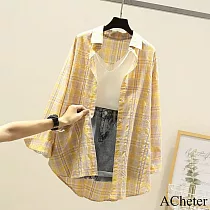 【ACheter】 棉薄款防曬格子襯衫寬鬆長袖學生外罩中長上衣# 121167 XL 黃色
