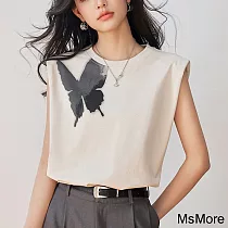 【MsMore】 蝴蝶剪影印花棉圓領T恤背心短版上衣# 121296 L 米白色