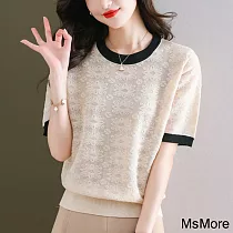 【MsMore】 爆款寬鬆遮肚子上衣短袖圓領冰絲針織衫薄款# 121826 FREE 杏色