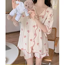 O─ni O─ni舒適透氣寬鬆剪裁小翻領前扣式棉質短袖短褲帶胸墊家居服/睡衣套組_380/ XL 米色_粉紅心