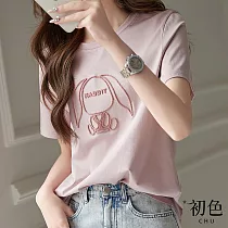 【初色】純色簡約兔子刺繡圓領短袖T恤上衣女上衣─粉紅色─34410(M─2XL可選) 2XL 粉紅色