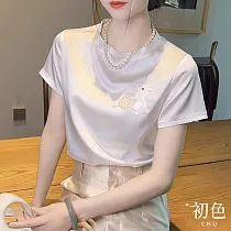 【初色】純色刺繡兔子印花圓領短袖T恤上衣女上衣─珍珠白─33603(M─2XL可選) 2XL 珍珠白