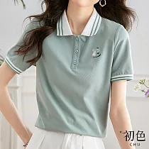【初色】運動風拼接條紋兔子刺繡POLO領短袖POLO衫T恤上衣女上衣─共2色─34607(M─2XL可選) L 灰綠色
