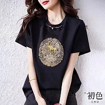 【初色】圓領寬鬆休閒顯瘦龍刺繡復古短袖T恤上衣─黑色─34682(L─5XL可選) XL 黑色