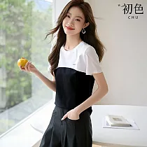 【初色】撞色抹胸拼接文字印花顯瘦圓領短袖T恤上衣女上衣─黑白色─34831(M─3XL可選) L 黑白色
