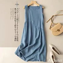 【ACheter】 棉麻背心寬鬆中長款日系文藝復古圓領純色洋裝# 122697 M 藍色