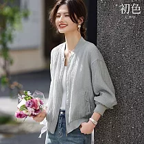 【初色】輕薄寬鬆棒球領長袖拉鍊遮陽防曬棒球服外套女外套─淺灰色─35043(M─3XL可選) XL 淺灰色