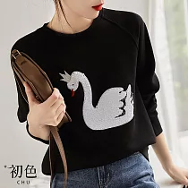 【初色】優雅天鵝圖寬鬆T恤可內搭上衣女上衣─共3色─64204(M─2XL可選) 2XL 黑色