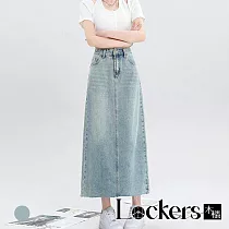 【Lockers 木櫃】高腰後分叉顯瘦包臀牛仔中長裙 L113081503 L 藍色