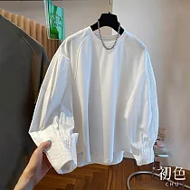 【初色】純色寬鬆百搭長袖T恤上衣女上衣─共2色─10159(M─2XL可選) M 白色