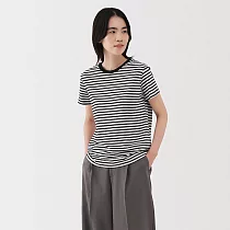 【MUJI 無印良品】女天竺圓領短袖T恤 M 黑橫紋