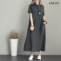 【AMIEE】日式純色棉麻翻領連身裙洋裝(KDDY─8184) 2XL 深灰