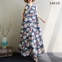 【AMIEE】度假波西米亞風加大無袖印花連衣裙洋裝(KDDY─915) L 圖片色