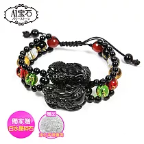 【A1寶石】天然黑曜石水晶招財能量貔貅手鍊─旺財五行六字箴言手排(贈白水晶淨化碎石)