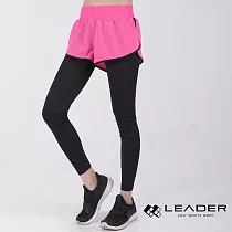 【LEADER】DS─20假兩件 透氣彈性運動長褲 女款M(桃底黑邊)