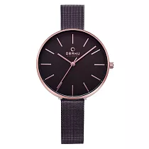 OBAKU 極簡風淑女腕錶─玫瑰金x棕色