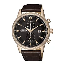 CITIZEN 光動能時尚計時兩眼腕錶─小牛皮錶帶─CA7008─11E
