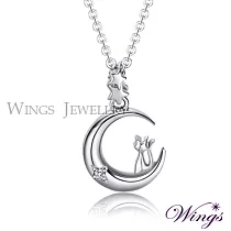 Wings 月亮上的精靈小貓精緻項鍊 白K金色