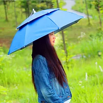 【EZlife】雙層防風防雨防曬傘帽(附傘袋)湖藍色