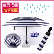 【生活良品】8骨自動摺疊反向晴雨傘─海軍紋條紋款(大傘面)藏青色