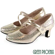 【GREEN PHOENIX】女 專業標準舞鞋 摩登舞鞋 探戈 華爾滋 國標舞鞋 金蔥 水鑽 真皮底 沾黏式 71 金色