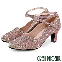 【GREEN PHOENIX】女 專業標準舞鞋 摩登舞鞋 探戈 華爾滋 國標舞鞋 金蔥 水鑽 真皮底 交叉 側扣式 71 粉紫