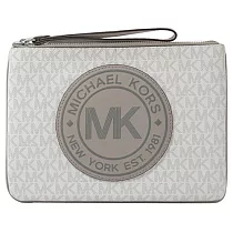 MICHAEL KORS 滿版LOGO拉鍊皮革手拿包─白
