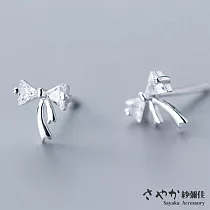 【Sayaka紗彌佳】925純銀可愛晶漾蝴蝶結鑲鑽耳環 ─白金色
