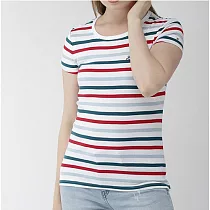 TOMMY HILFIGER 女版棉質圓領條紋短袖 M 白底紅綠淺藍條紋