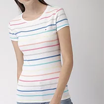 TOMMY HILFIGER 女版棉質圓領條紋短袖 S 白底彩色條紋