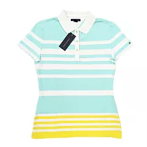 TOMMY HILFIGER 女版三色細橫條紋短袖POLO衫 S 藍白黃