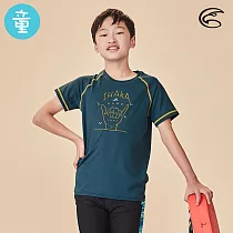 ADISI 童抗UV圖騰防磨防曬短袖上衣(舒適版) AR2113078(防磨衣、水母衣、防曬衣) 160 深青玉