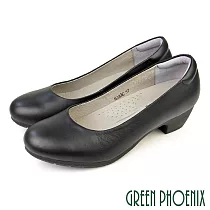 【GREEN PHOENIX】女 低跟鞋 包鞋 素面 全真皮 OL通勤 上班 面試 粗跟 EU37 黑色
