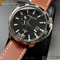 Giorgio Fedon 1919喬治飛登精品錶，編號：GF00037，46mm圓形銀精鋼錶殼黑色錶盤真皮皮革咖啡色錶帶