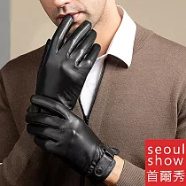 seoul show首爾秀 腕帶釦環進口頭層羊皮男士真皮保暖手套 黑色