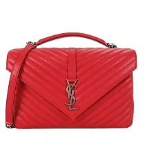 YSL MONOGRAM系列復古金屬LOGO羊皮學院手提/肩背包─ 大/紅