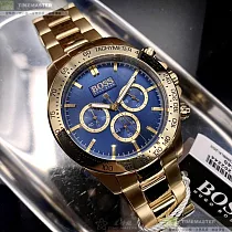BOSS伯斯精品錶，編號：HB1513340，44mm圓形金色精鋼錶殼寶藍色錶盤精鋼金色錶帶