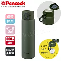 【日本孔雀Peacock】可拆洗上蓋 鎖扣式 不鏽鋼保冷保溫杯 600ML─軍綠