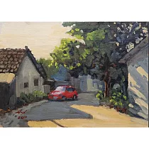 【玲廊滿藝】廖宜常─有紅色車子的小巷33x45cm