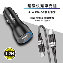 HANG 41W雙孔快充車充頭+60W抗彎折超級快充線 Type─C to Type─C充電線(1.2M)