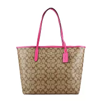 COACH 經典馬車緹花logo托特包─ 卡其桃紅