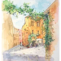 【玲廊滿藝】yumei _watercolor畫畫日子─陽光下的羅馬街頭23x30cm